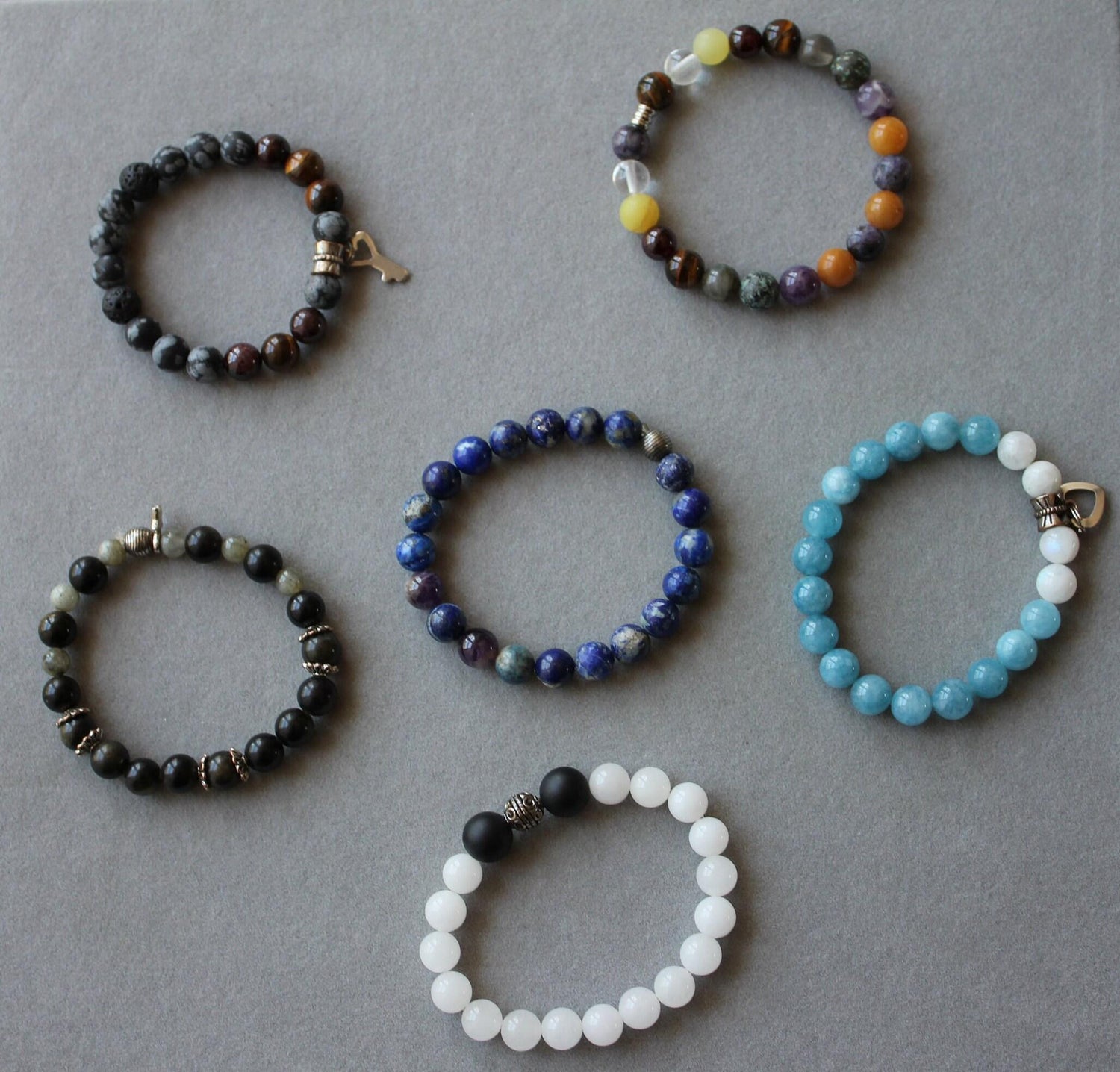 Black Agate Grey Earth Gemstones Round Bead Stretchy Unique Statement Circle Bea