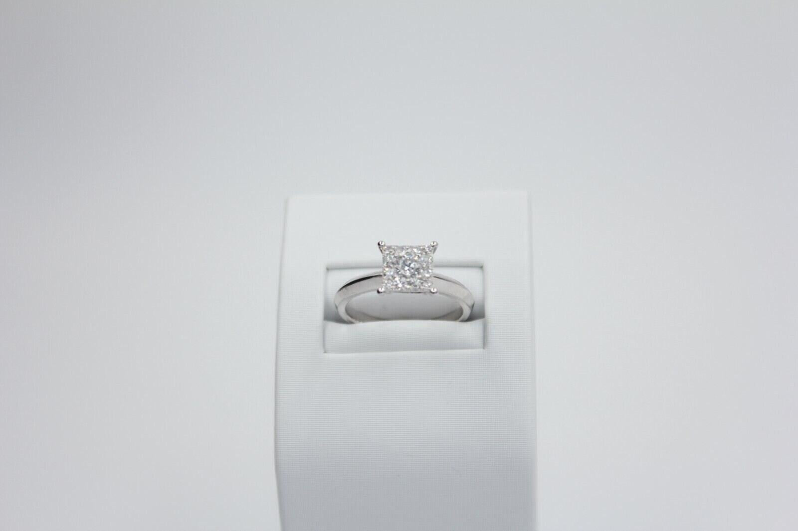 White Diamond Brilliant Cut Square Halo Pave Set French Cluster Illusion Engagem