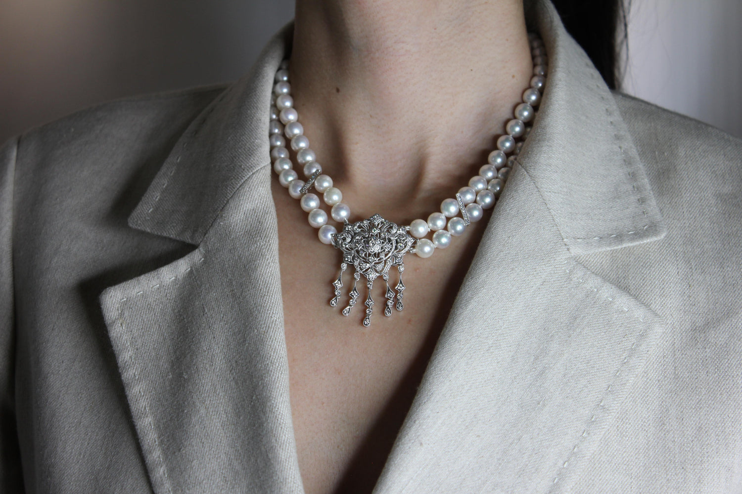 White Japanese Akoya Pearl Diamond 18 Karat White Gold Necklace Brooch Pin Combo