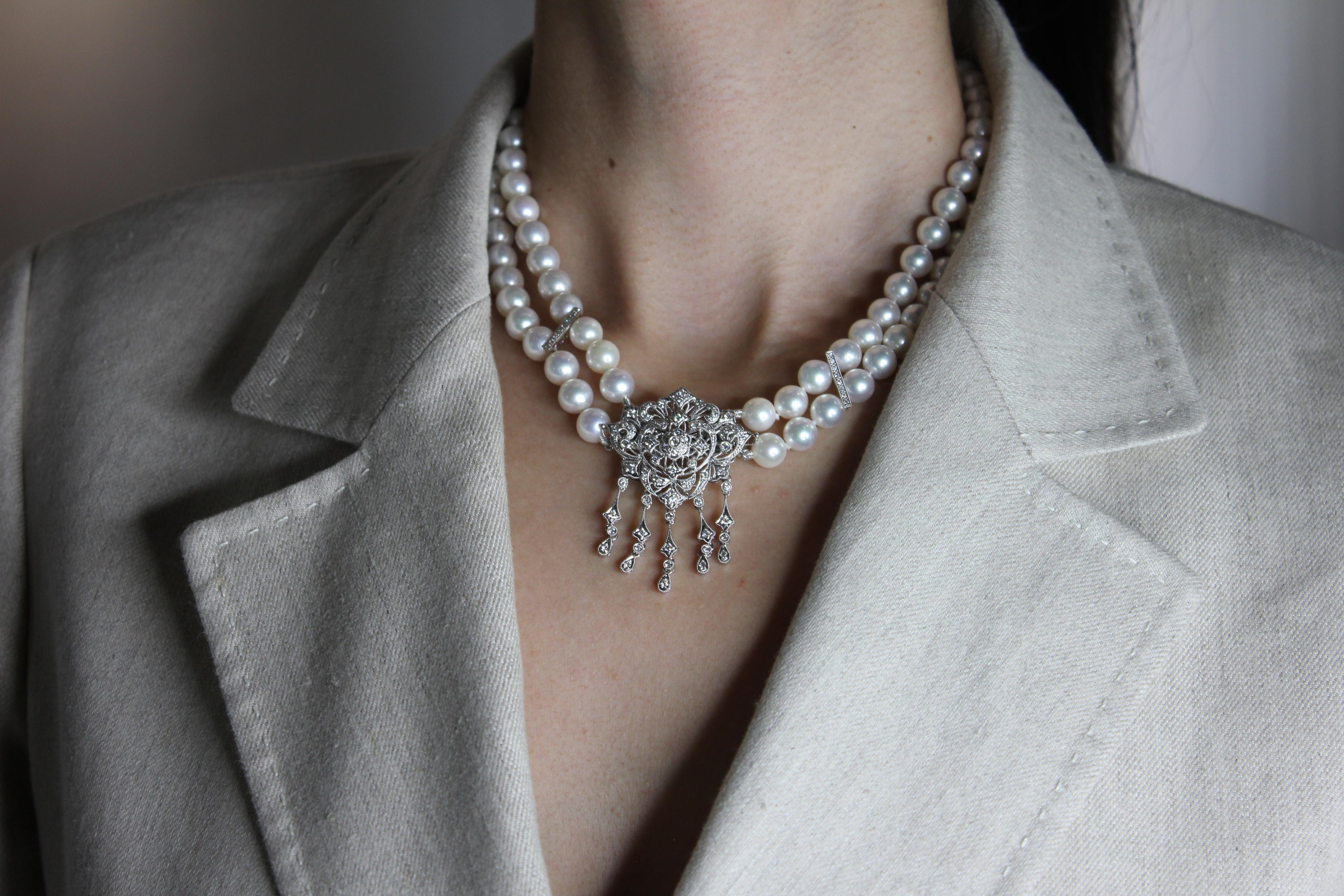 White Japanese Akoya Pearl Diamond 18 Karat White Gold Necklace Brooch Pin Combo
