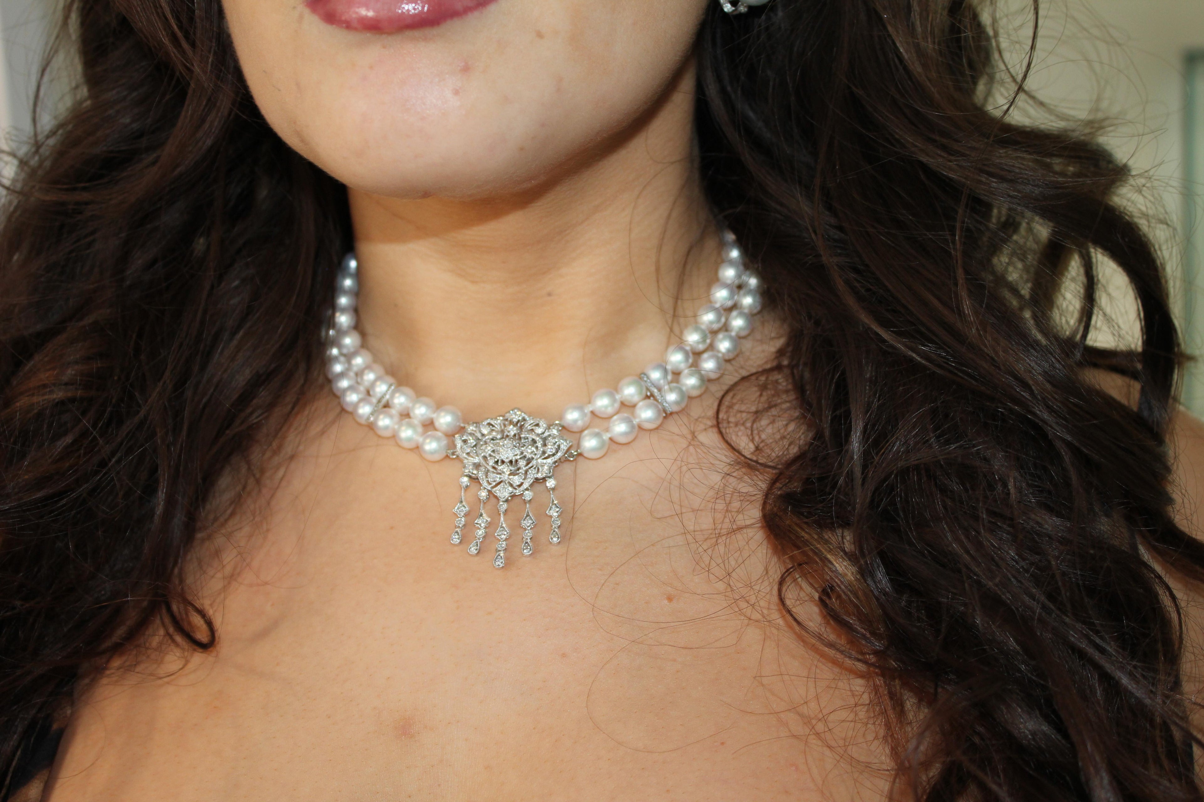 White Japanese Akoya Pearl Diamond 18 Karat White Gold Necklace Brooch Pin Combo