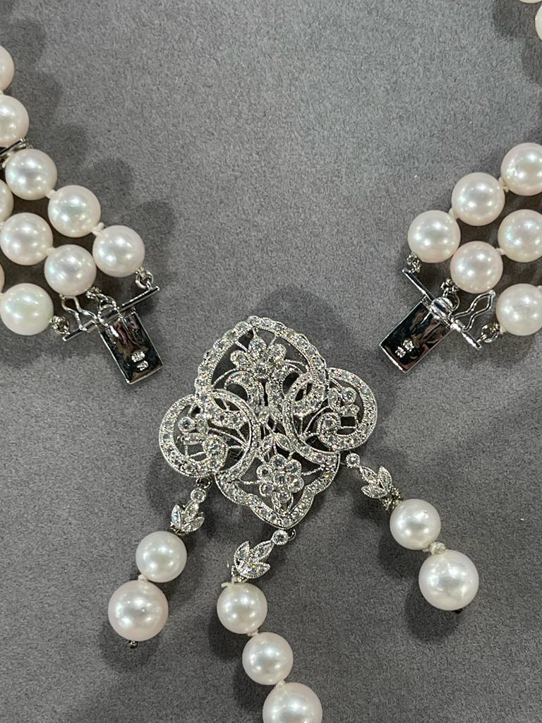 White Japanese Akoya Pearl Diamond 18 Karat White Gold Necklace Brooch Pin Combo