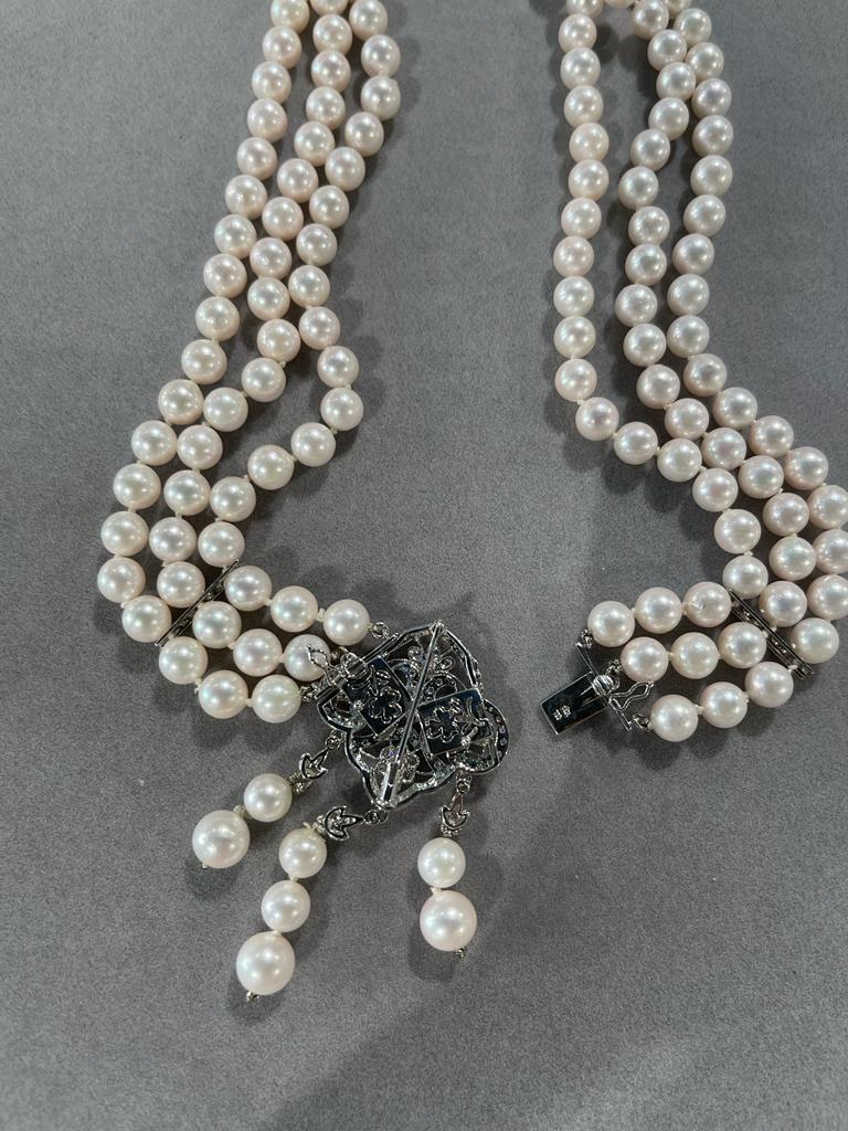 White Japanese Akoya Pearl Diamond 18 Karat White Gold Necklace Brooch Pin Combo