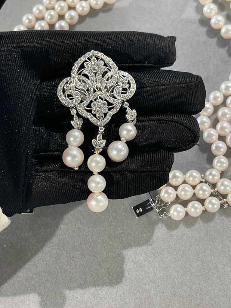 White Japanese Akoya Pearl Diamond 18 Karat White Gold Necklace Brooch Pin Combo
