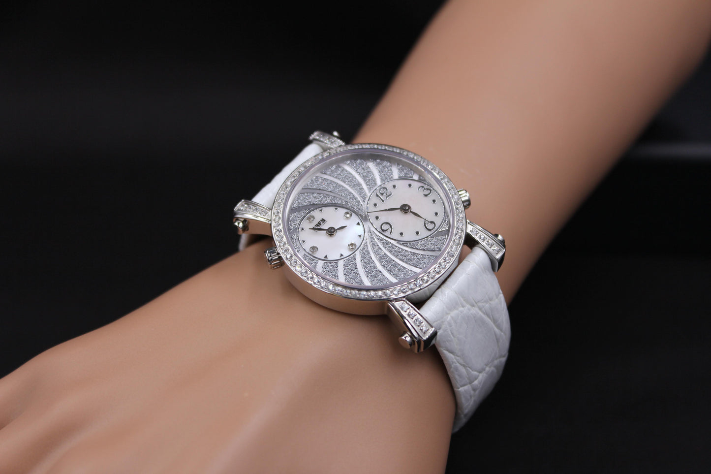white sapphires pave dial luxury swiss quartz exotic leather band watch