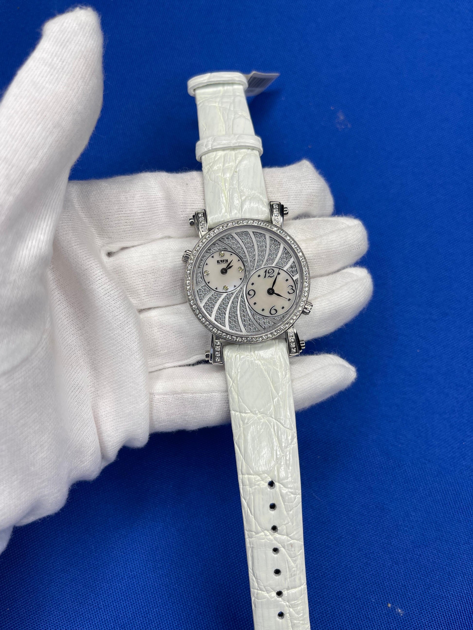 White Sapphires Pave Dial Luxury Swiss Quartz Exotic Leather Band Watch