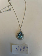 Pear Teardrop Swiss Blue Topaz 14K White Gold Diamond Halo Pendant Necklace