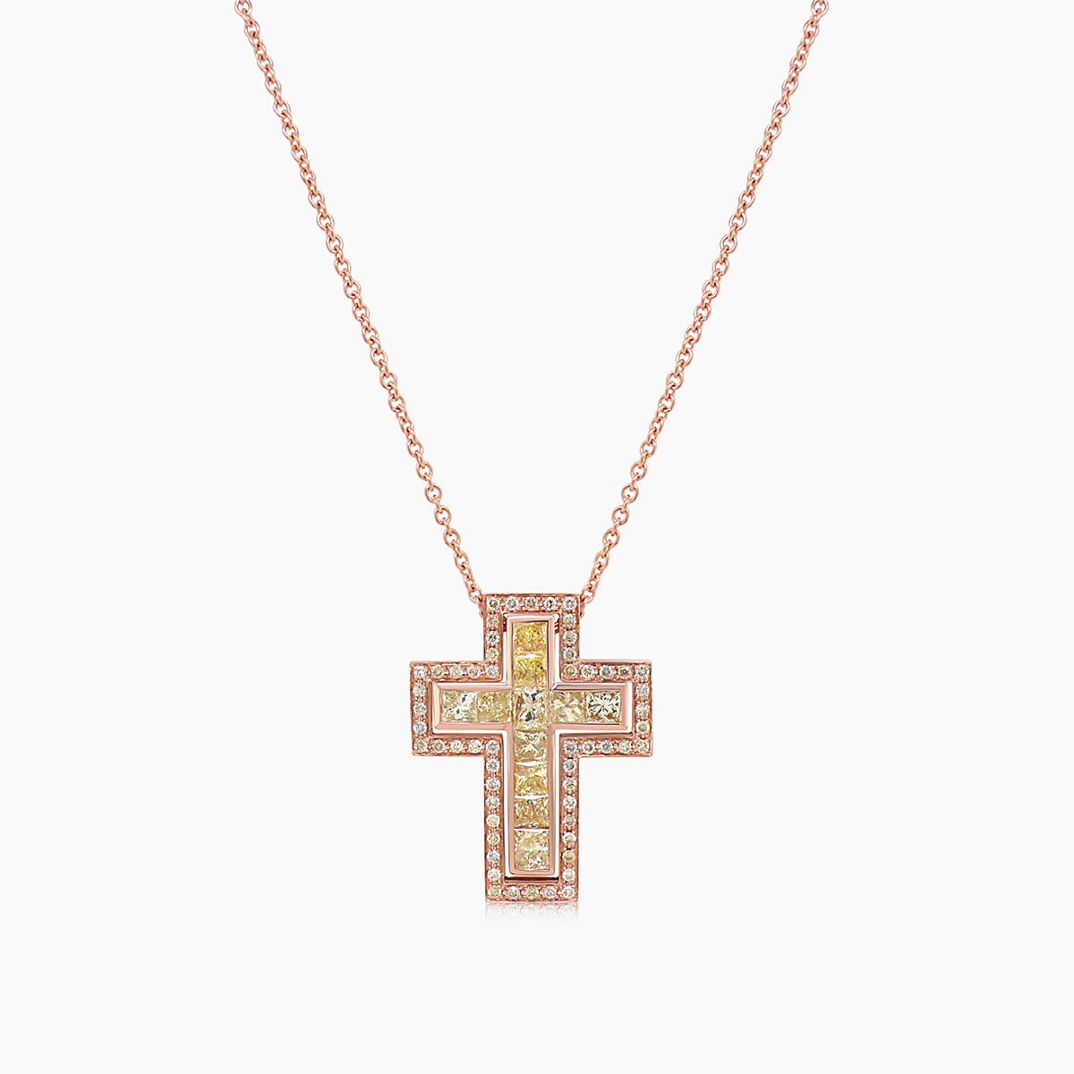 square cut yellow diamond & fancy diamond 18k rose gold cross pendant necklace