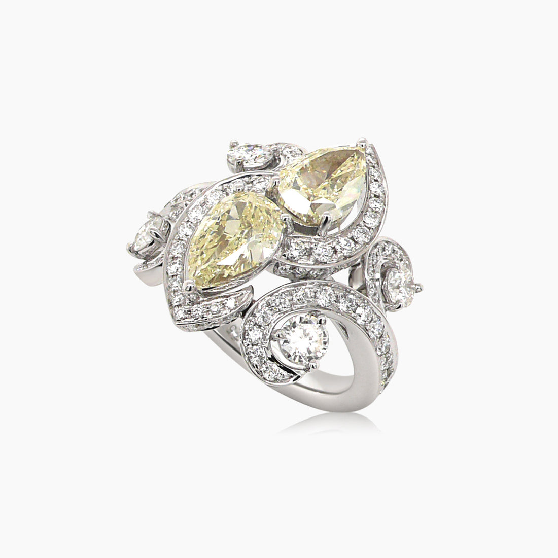 White & Pear Drop Shape Yellow Diamond 18K White Gold Sparkle Ring