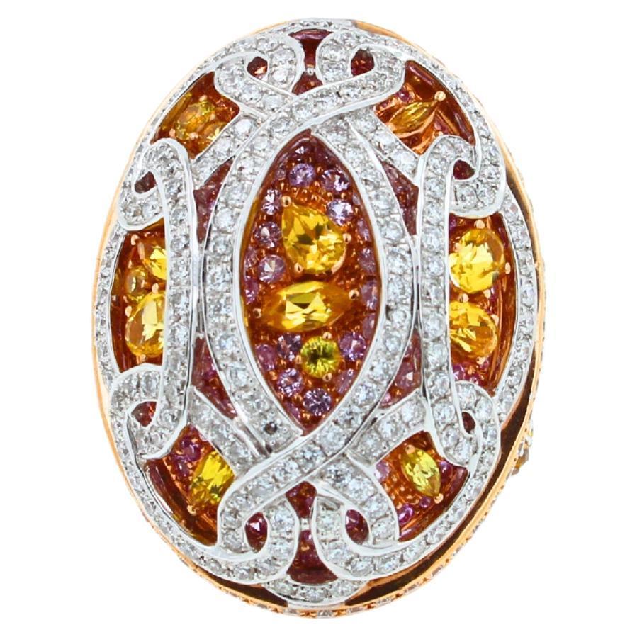 Yellow &amp; Pink Sapphire Diamond Pave Multi Layered Dome 18K White Rose Gold Ring