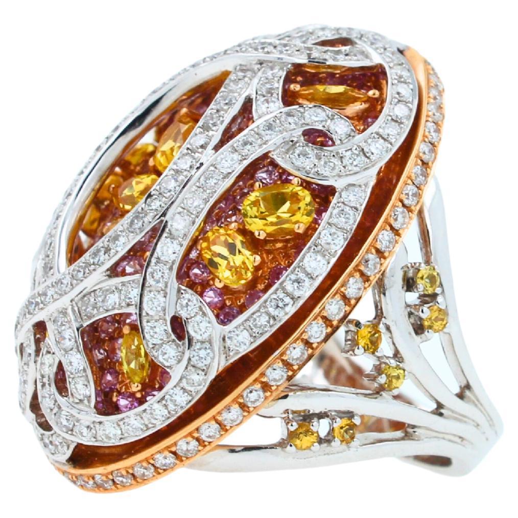 Yellow &amp; Pink Sapphire Diamond Pave Multi Layered Dome 18K White Rose Gold Ring