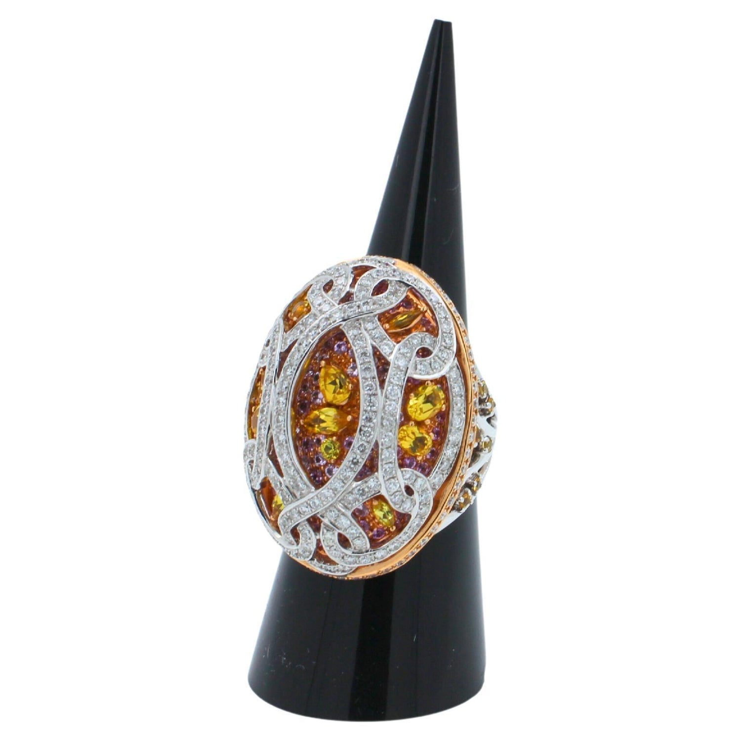 Yellow &amp; Pink Sapphire Diamond Pave Multi Layered Dome 18K White Rose Gold Ring