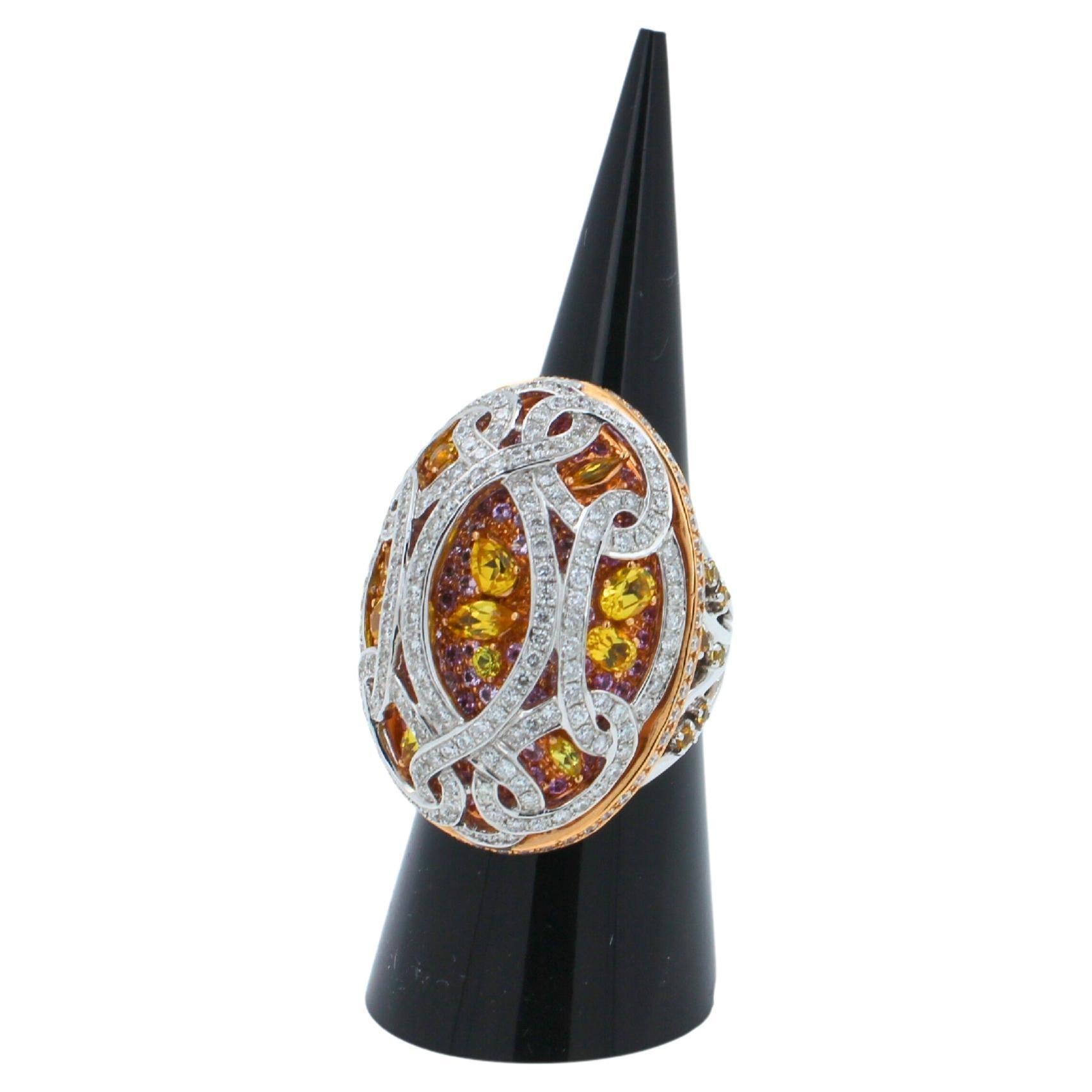 Yellow &amp; Pink Sapphire Diamond Pave Multi Layered Dome 18K White Rose Gold Ring