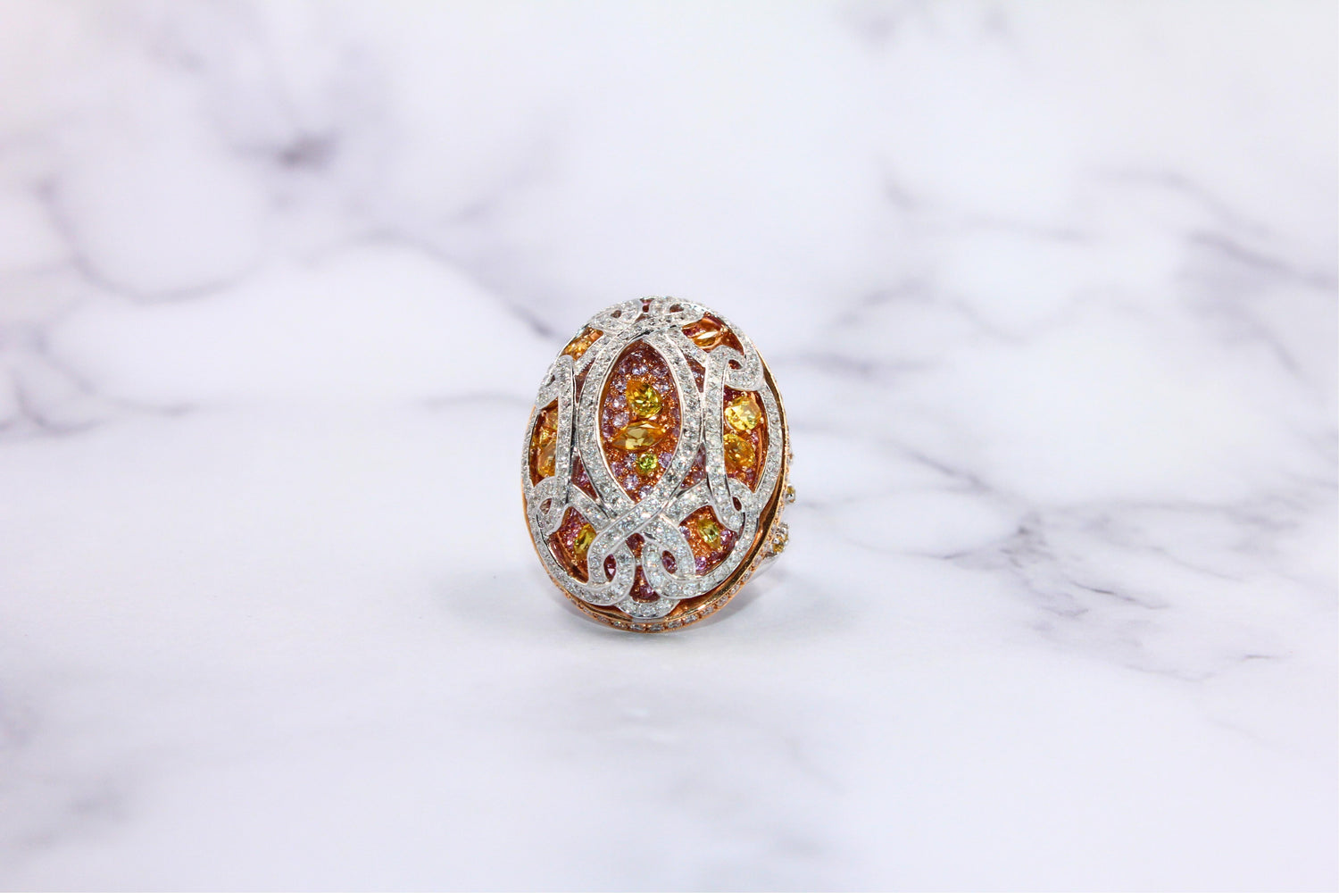 Yellow &amp; Pink Sapphire Diamond Pave Multi Layered Dome 18K White Rose Gold Ring