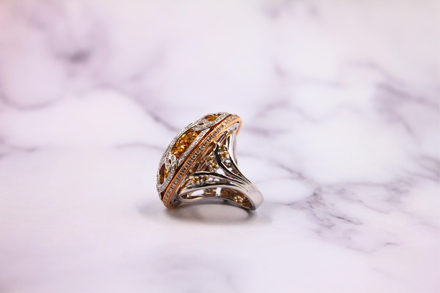 Yellow &amp; Pink Sapphire Diamond Pave Multi Layered Dome 18K White Rose Gold Ring