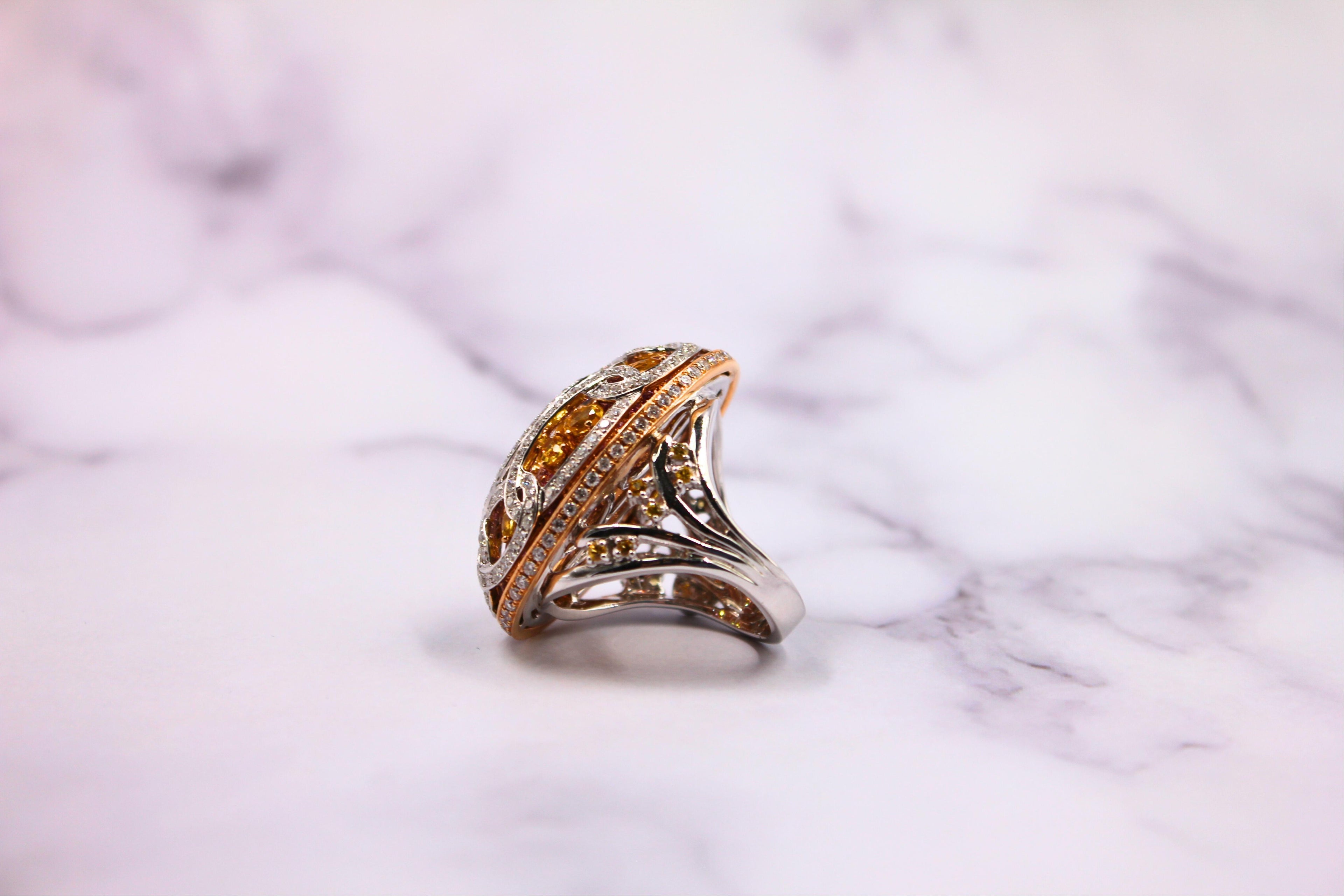 Yellow &amp; Pink Sapphire Diamond Pave Multi Layered Dome 18K White Rose Gold Ring