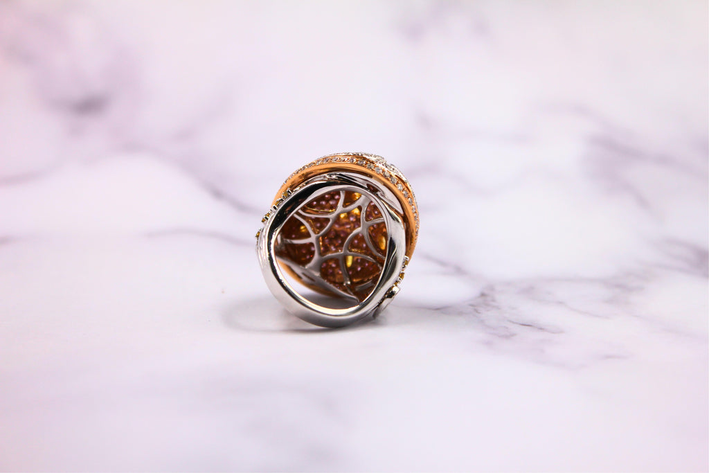 Yellow & Pink Sapphire Diamond Pave Multi Layered Dome 18K White Rose Gold Ring