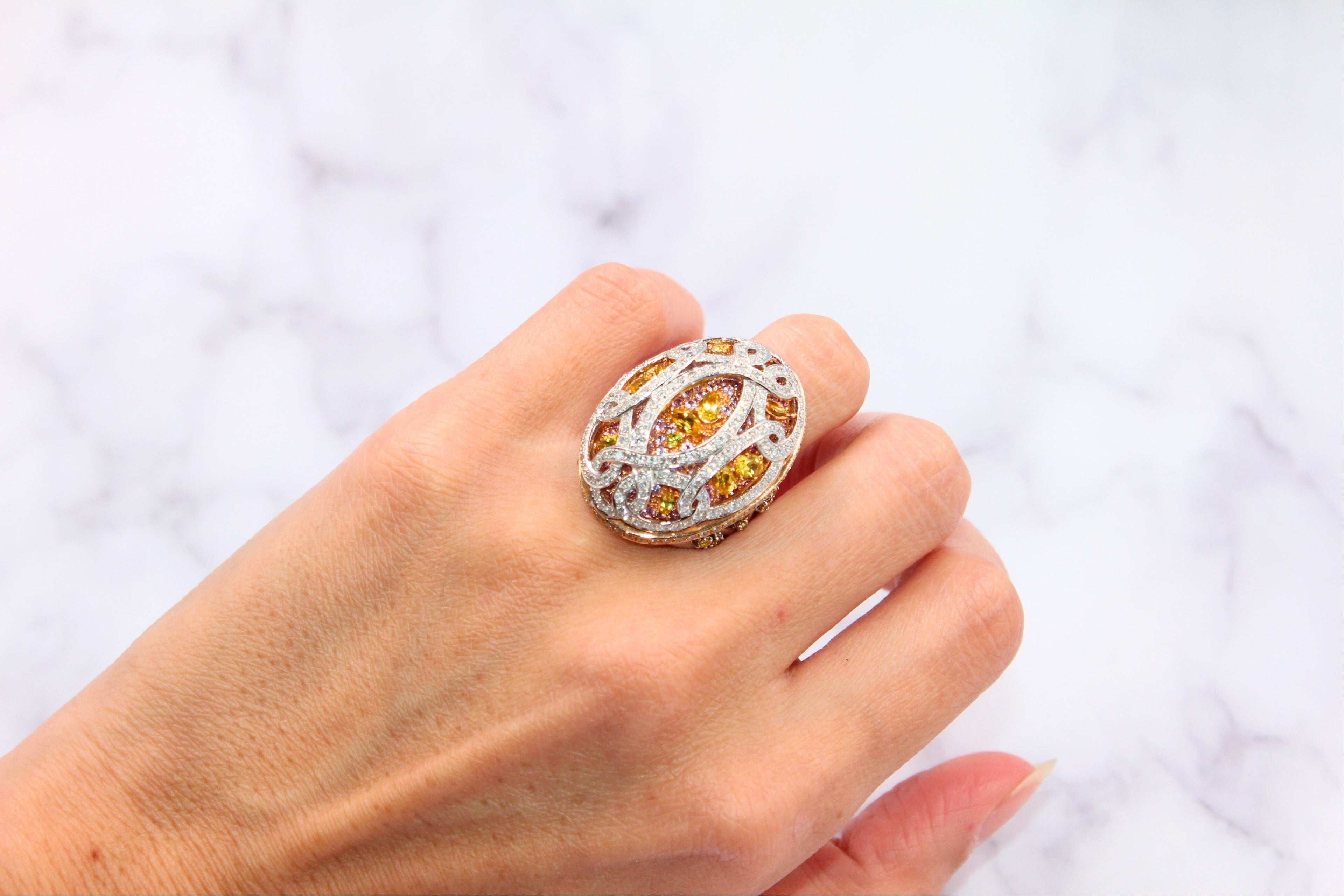 Yellow &amp; Pink Sapphire Diamond Pave Multi Layered Dome 18K White Rose Gold Ring