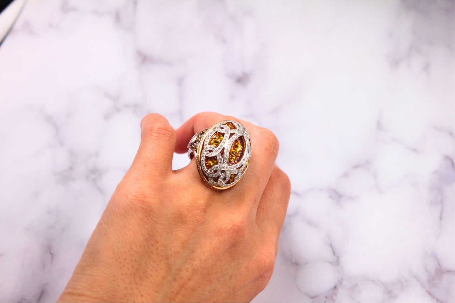 Yellow &amp; Pink Sapphire Diamond Pave Multi Layered Dome 18K White Rose Gold Ring