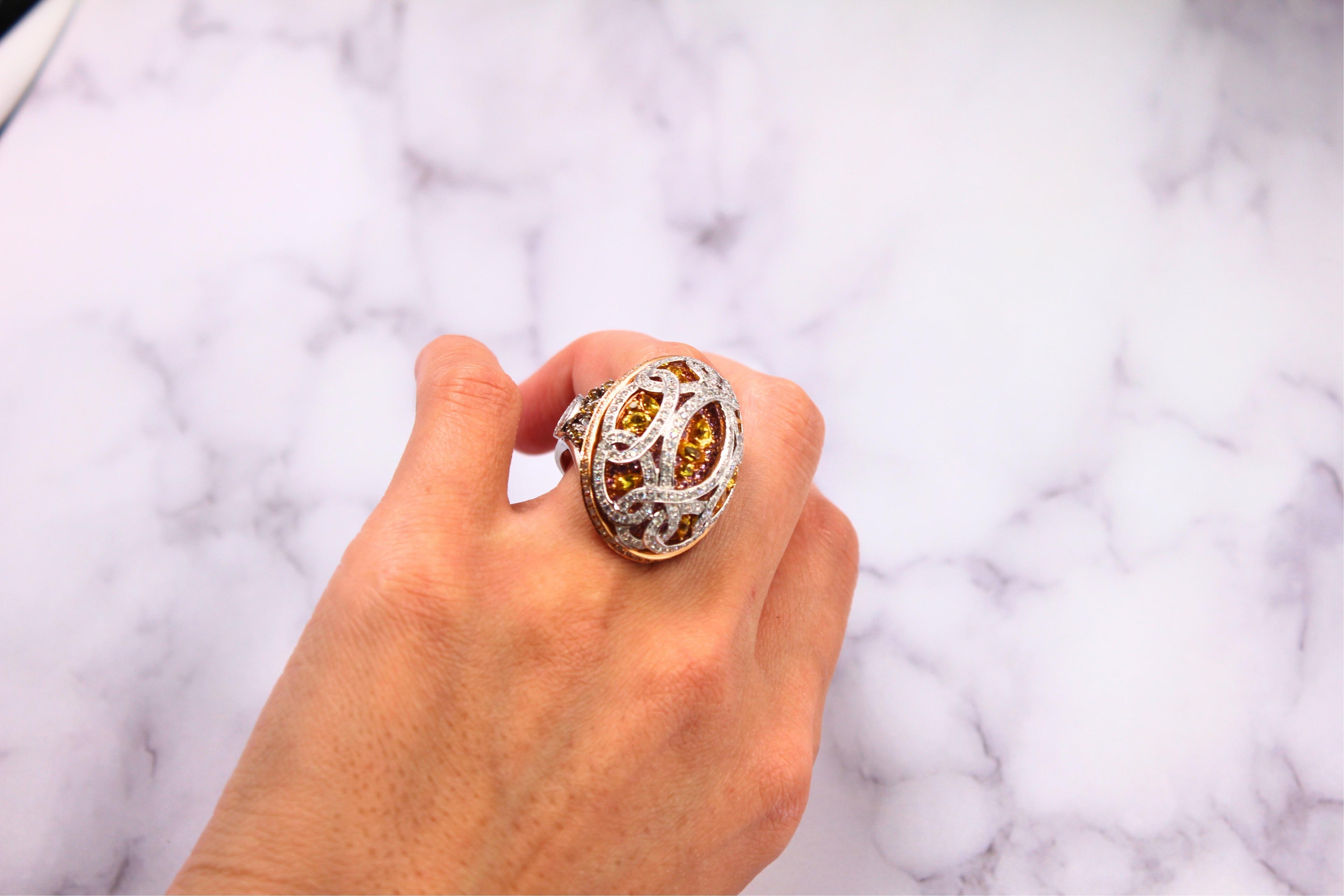 Yellow &amp; Pink Sapphire Diamond Pave Multi Layered Dome 18K White Rose Gold Ring