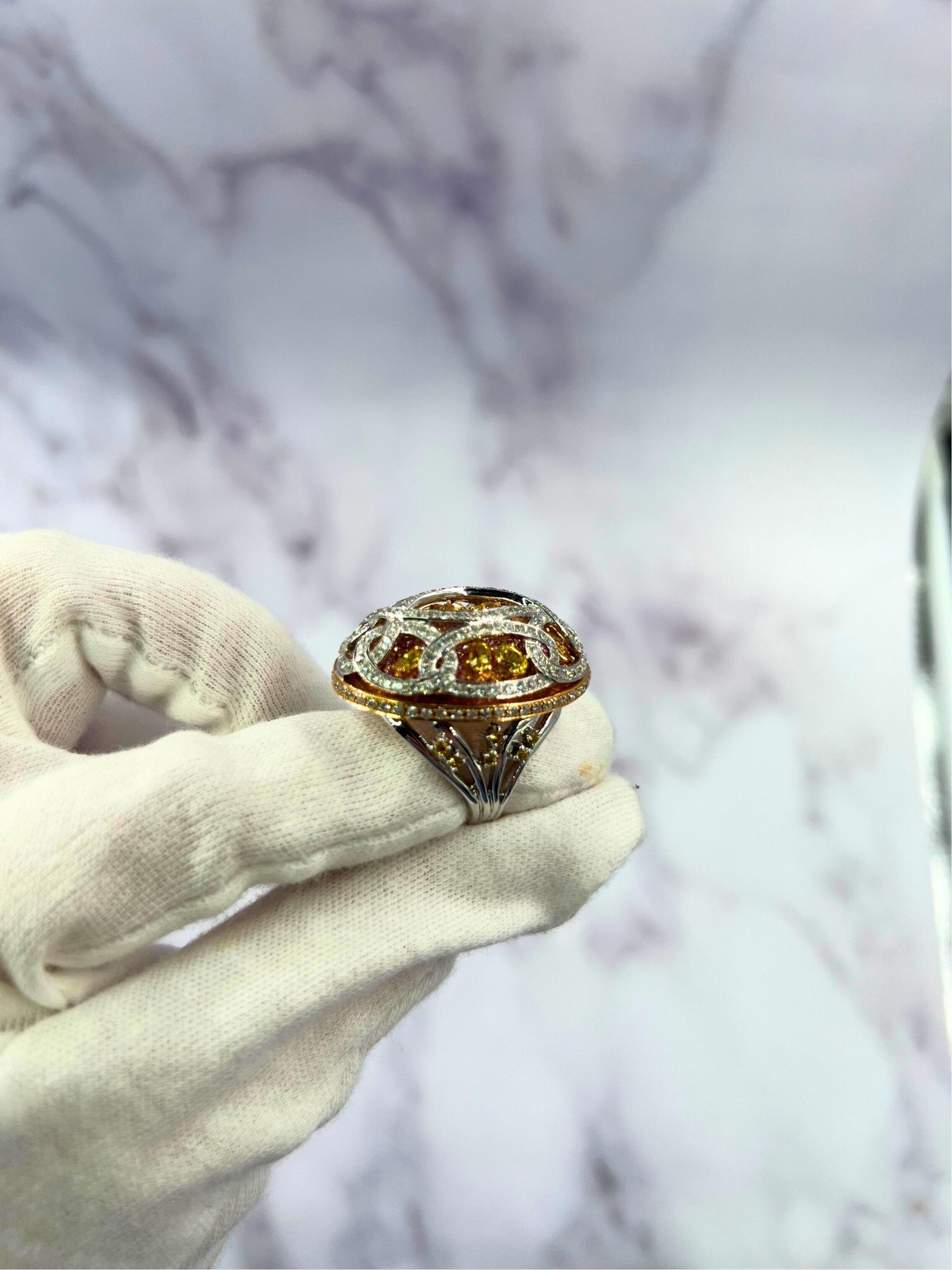 Yellow &amp; Pink Sapphire Diamond Pave Multi Layered Dome 18K White Rose Gold Ring