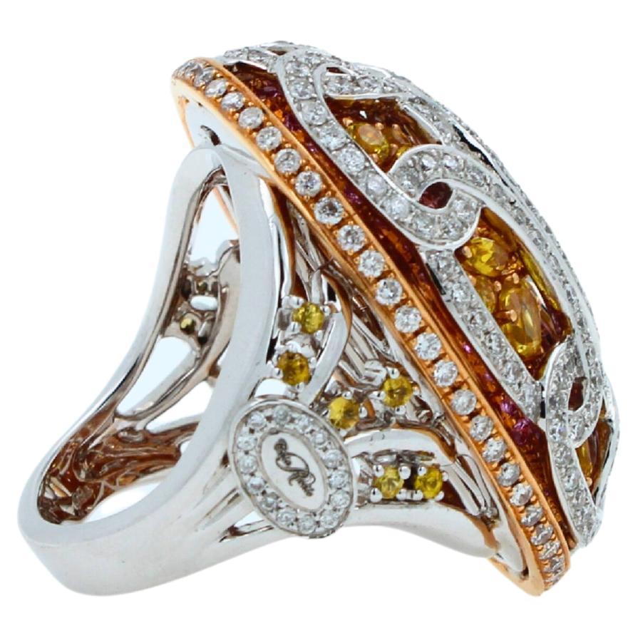 Yellow &amp; Pink Sapphire Diamond Pave Multi Layered Dome 18K White Rose Gold Ring