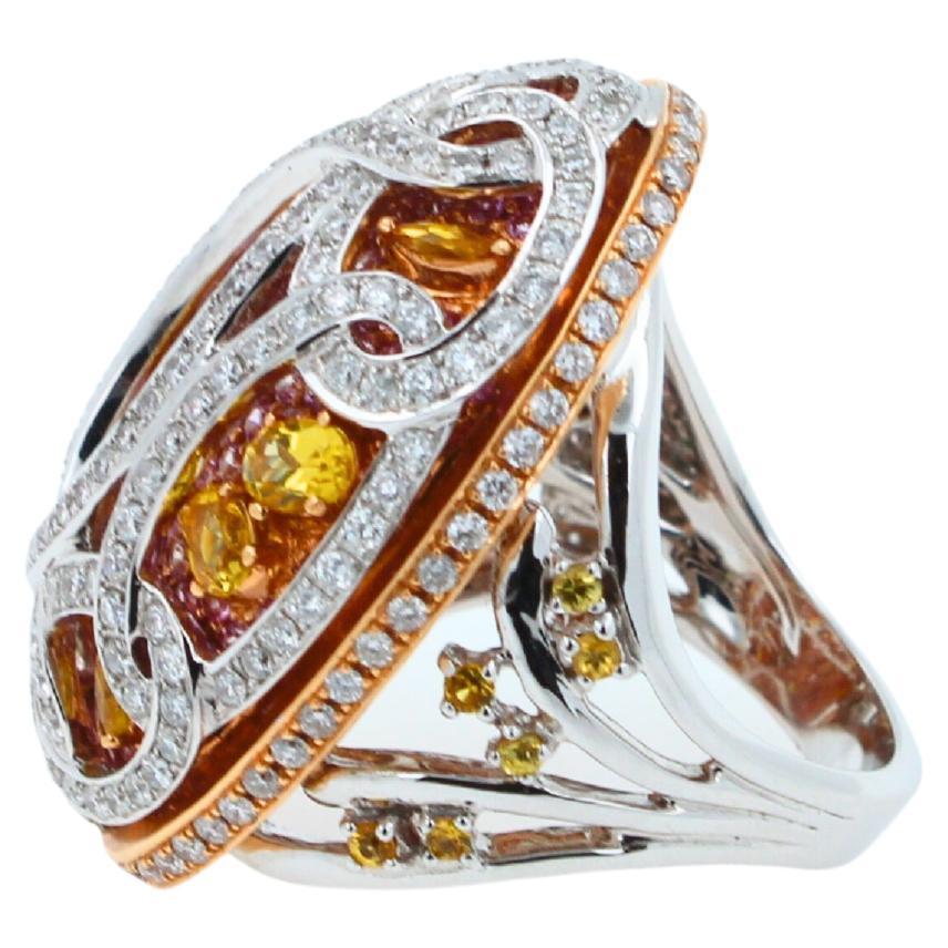 Yellow &amp; Pink Sapphire Diamond Pave Multi Layered Dome 18K White Rose Gold Ring