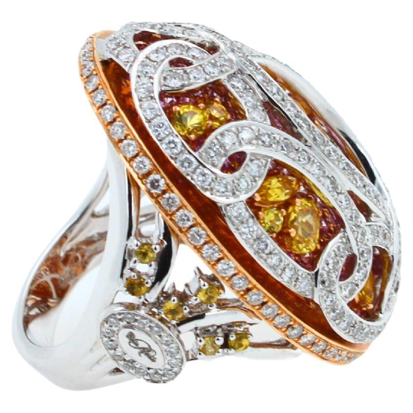 Yellow & Pink Sapphire Diamond Pave Multi Layered Dome 18K White Rose Gold Ring