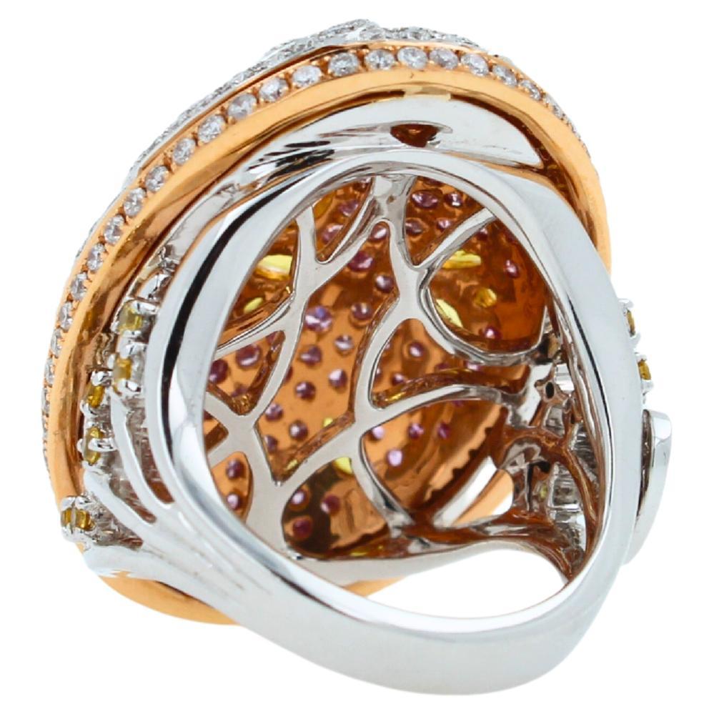 Yellow &amp; Pink Sapphire Diamond Pave Multi Layered Dome 18K White Rose Gold Ring