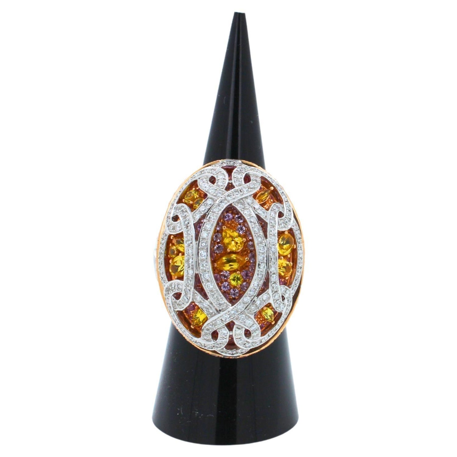 Yellow &amp; Pink Sapphire Diamond Pave Multi Layered Dome 18K White Rose Gold Ring