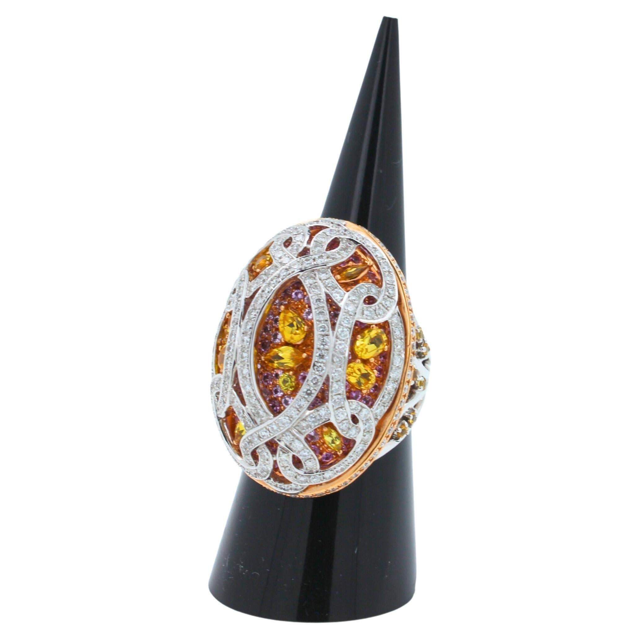 Yellow &amp; Pink Sapphire Diamond Pave Multi Layered Dome 18K White Rose Gold Ring