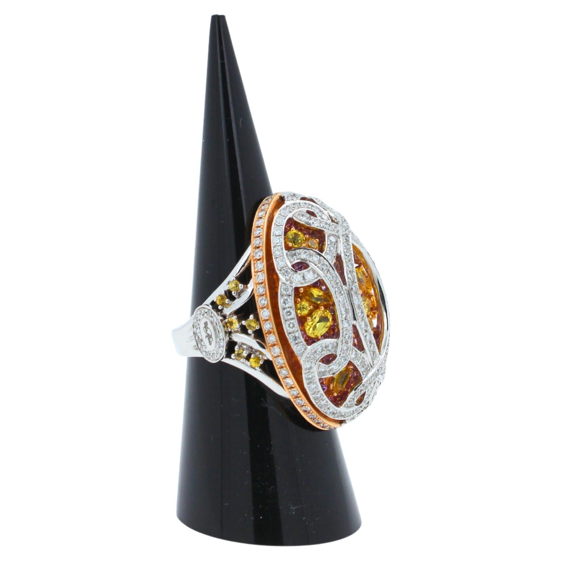 Yellow &amp; Pink Sapphire Diamond Pave Multi Layered Dome 18K White Rose Gold Ring