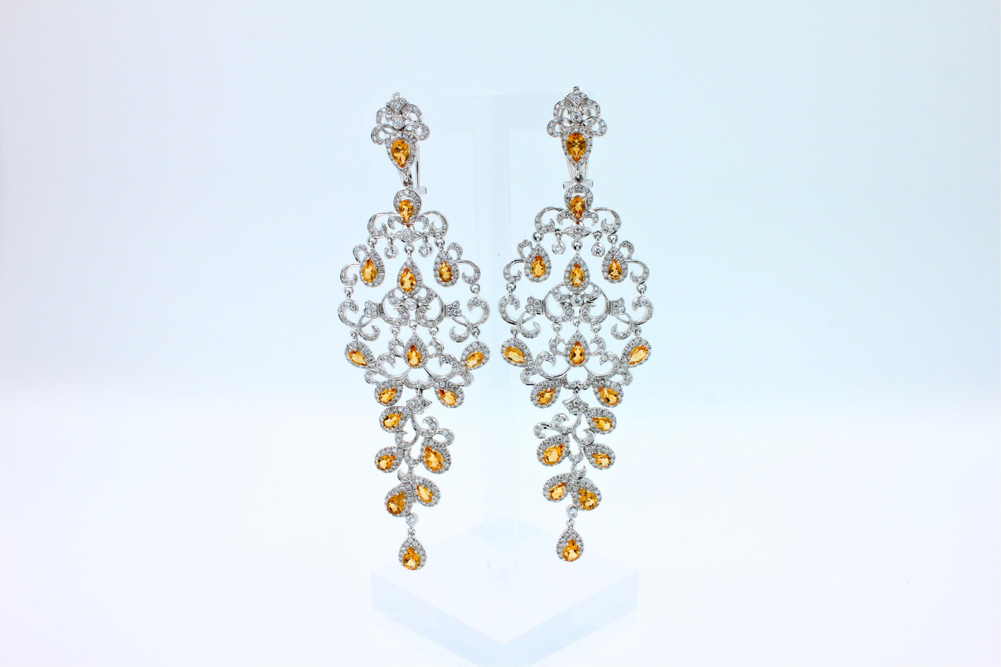 yellow sapphire ornamental diamond pave chandelier drop 18k white gold earrings