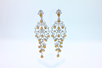 Yellow Sapphire Ornamental Diamond Pave Chandelier Drop 18k White Gold Earrings