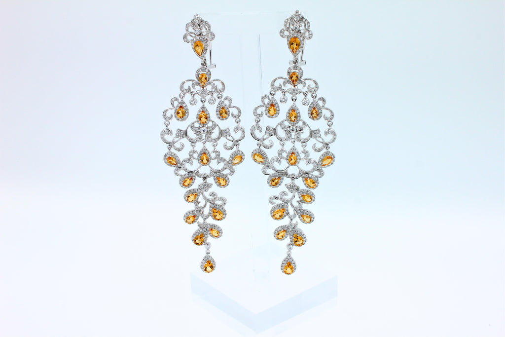 Yellow Sapphire Ornamental Diamond Pave Chandelier Drop 18k White Gold Earrings