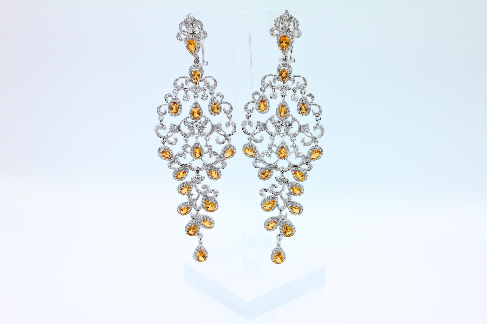 Yellow Sapphire Ornamental Diamond Pave Chandelier Drop 18k White Gold Earrings