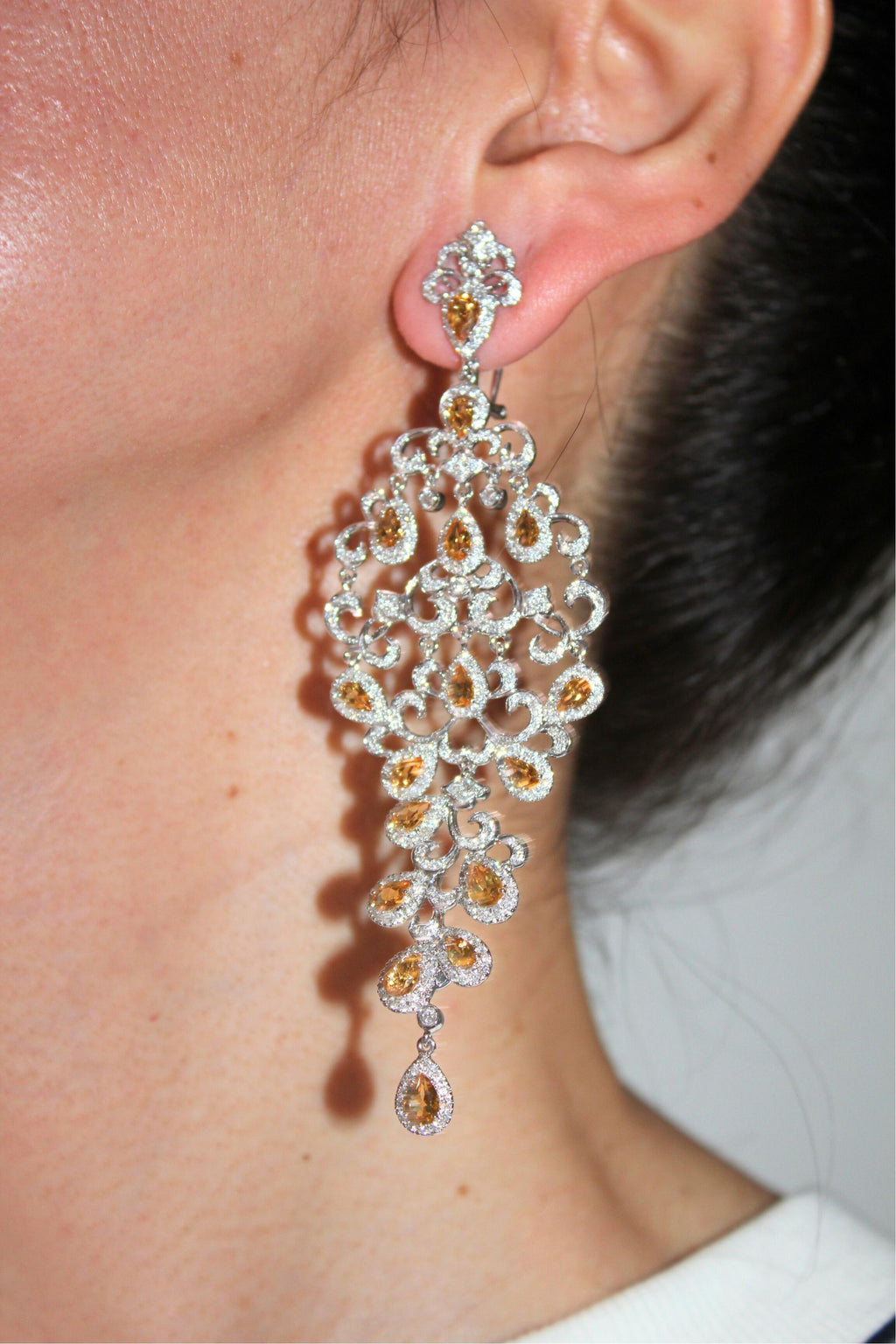 Yellow Sapphire Ornamental Diamond Pave Chandelier Drop 18k White Gold Earrings