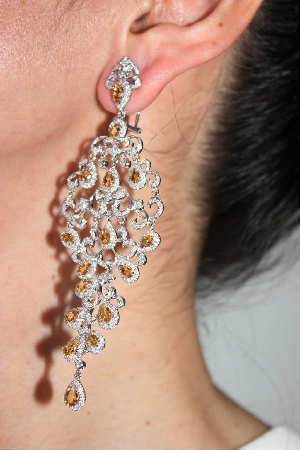 Yellow Sapphire Ornamental Diamond Pave Chandelier Drop 18k White Gold Earrings
