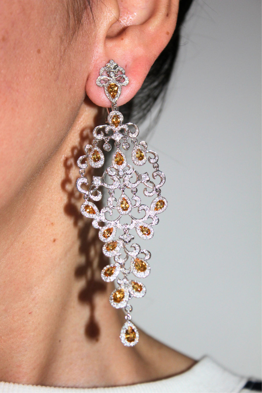 Yellow Sapphire Ornamental Diamond Pave Chandelier Drop 18k White Gold Earrings