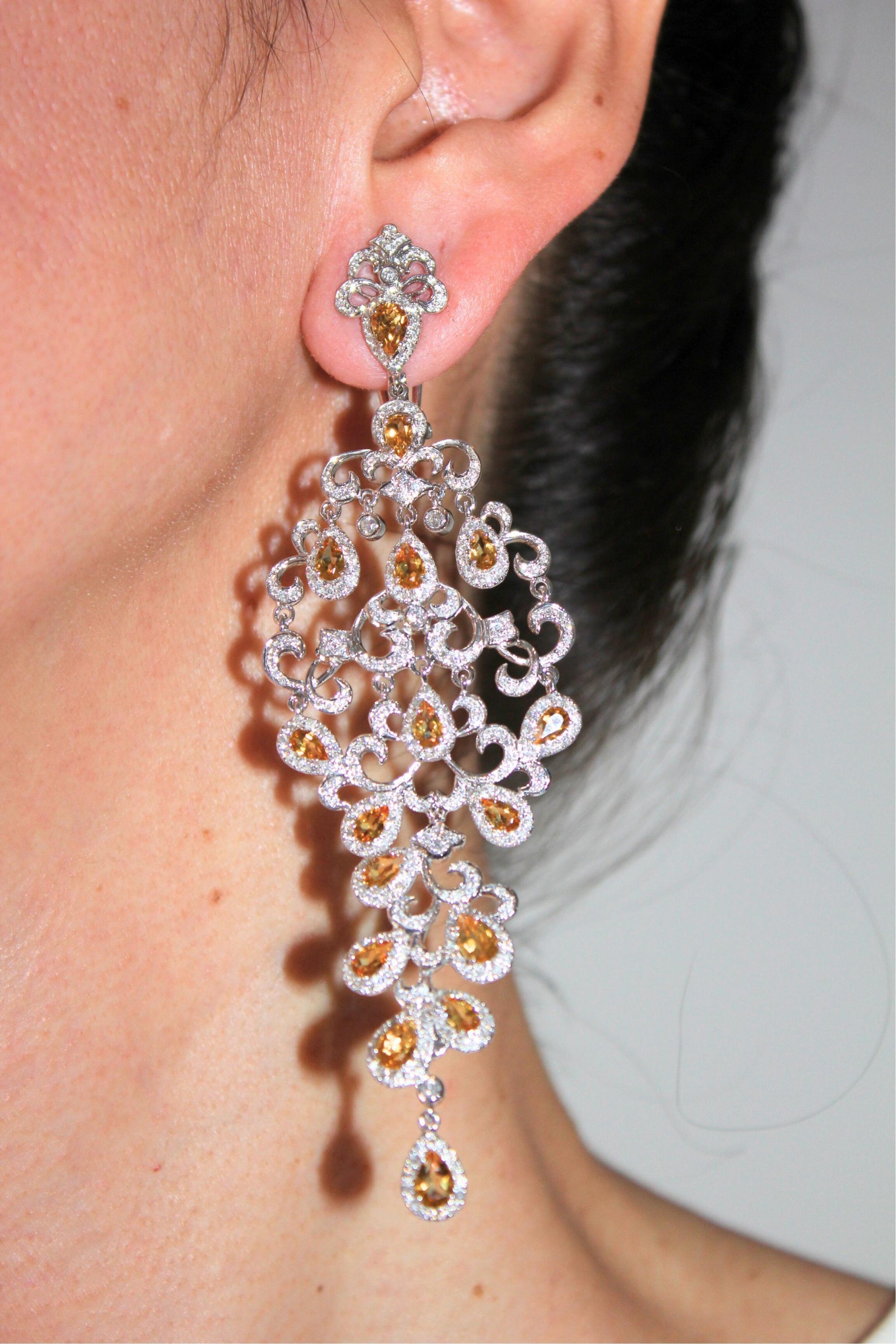 Yellow Sapphire Ornamental Diamond Pave Chandelier Drop 18k White Gold Earrings