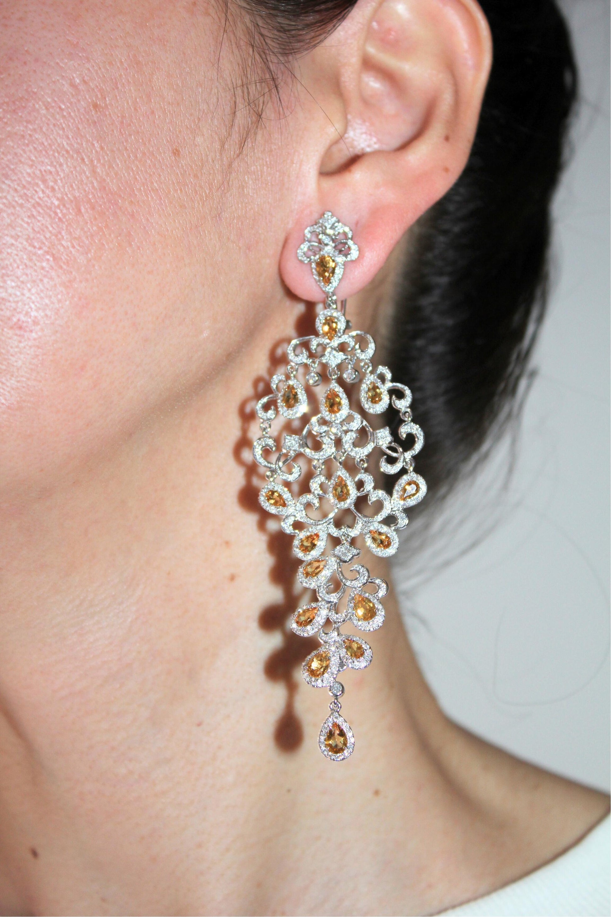 Yellow Sapphire Ornamental Diamond Pave Chandelier Drop 18k White Gold Earrings