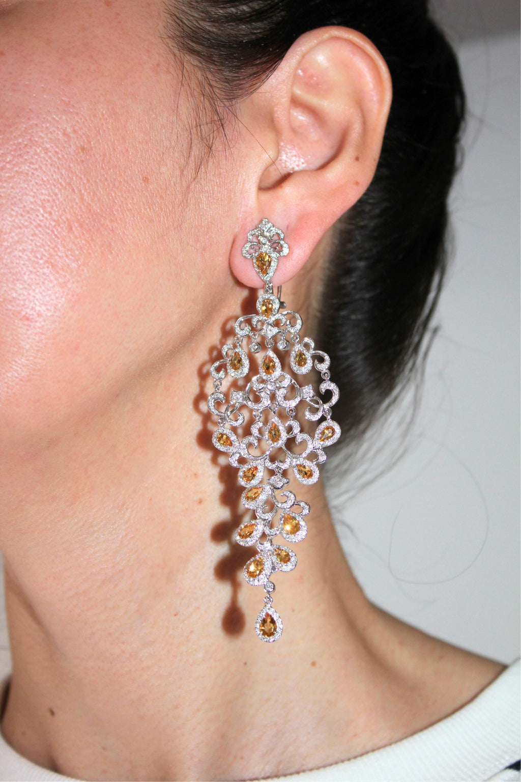 Yellow Sapphire Ornamental Diamond Pave Chandelier Drop 18k White Gold Earrings