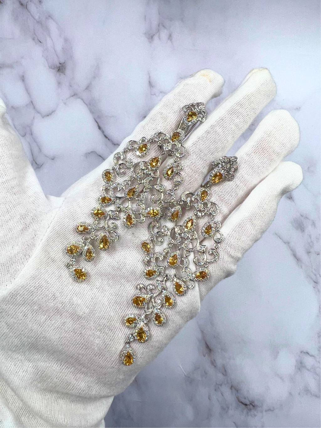 Yellow Sapphire Ornamental Diamond Pave Chandelier Drop 18k White Gold Earrings