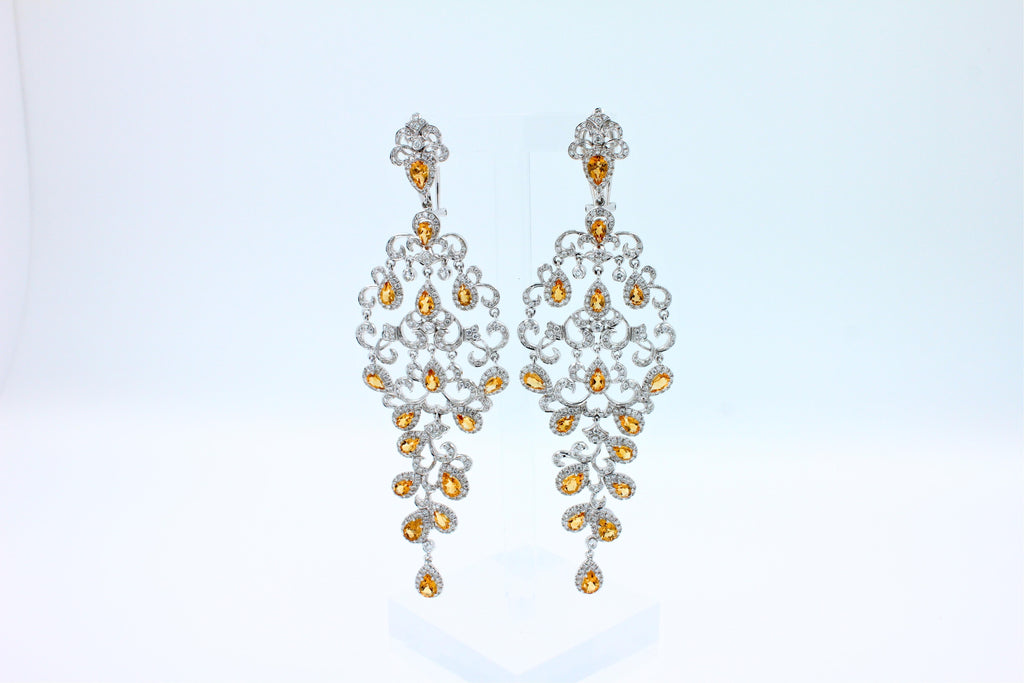 Yellow Sapphire Ornamental Diamond Pave Chandelier Drop 18k White Gold Earrings