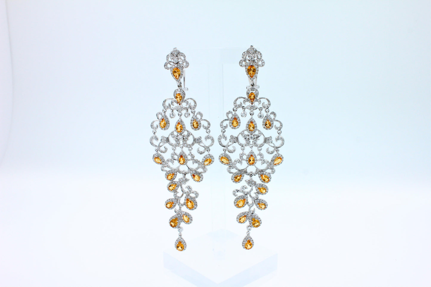 yellow sapphire ornamental diamond pave chandelier drop 18k white gold earrings