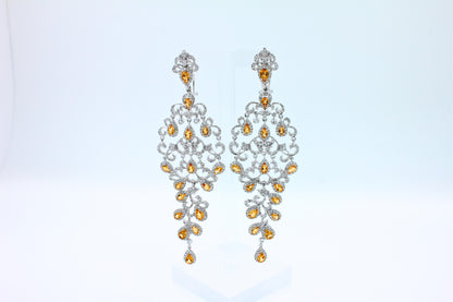 Yellow Sapphire Ornamental Diamond Pave Chandelier Drop 18k White Gold Earrings