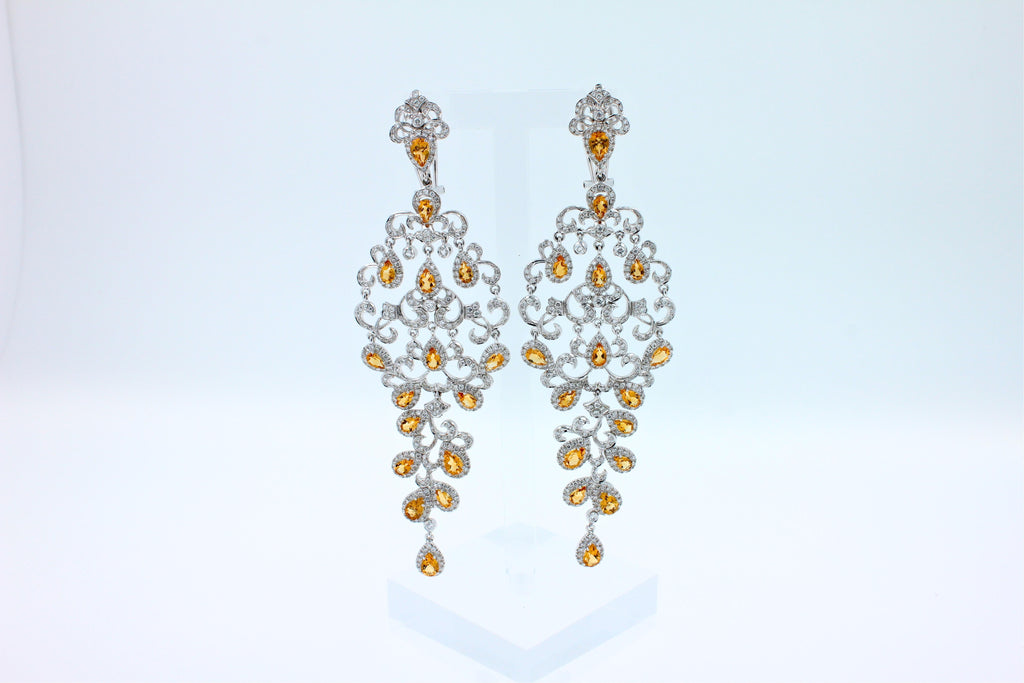 Yellow Sapphire Ornamental Diamond Pave Chandelier Drop 18k White Gold Earrings