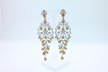 Yellow Sapphire Ornamental Diamond Pave Chandelier Drop 18k White Gold Earrings