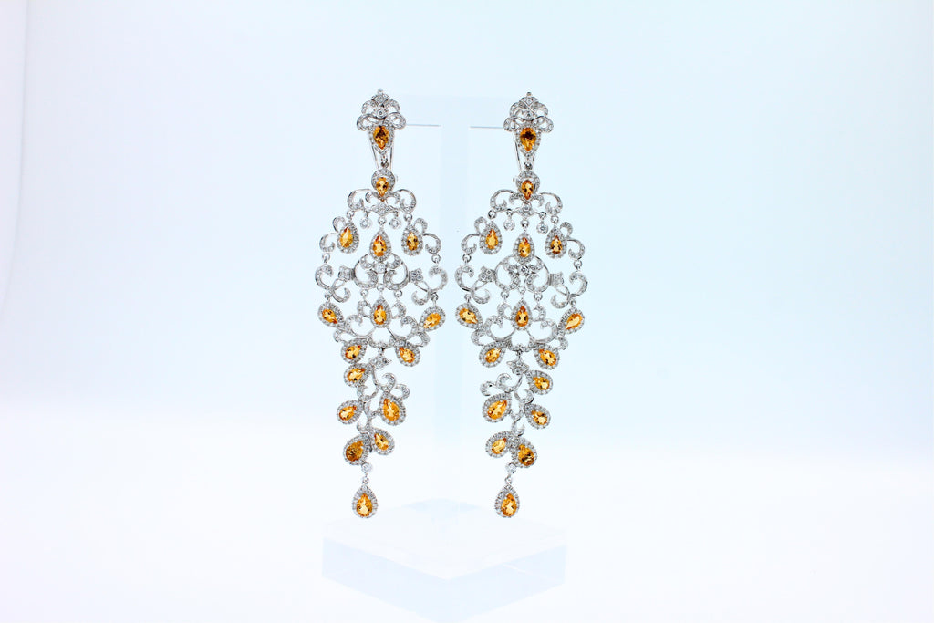 Yellow Sapphire Ornamental Diamond Pave Chandelier Drop 18k White Gold Earrings