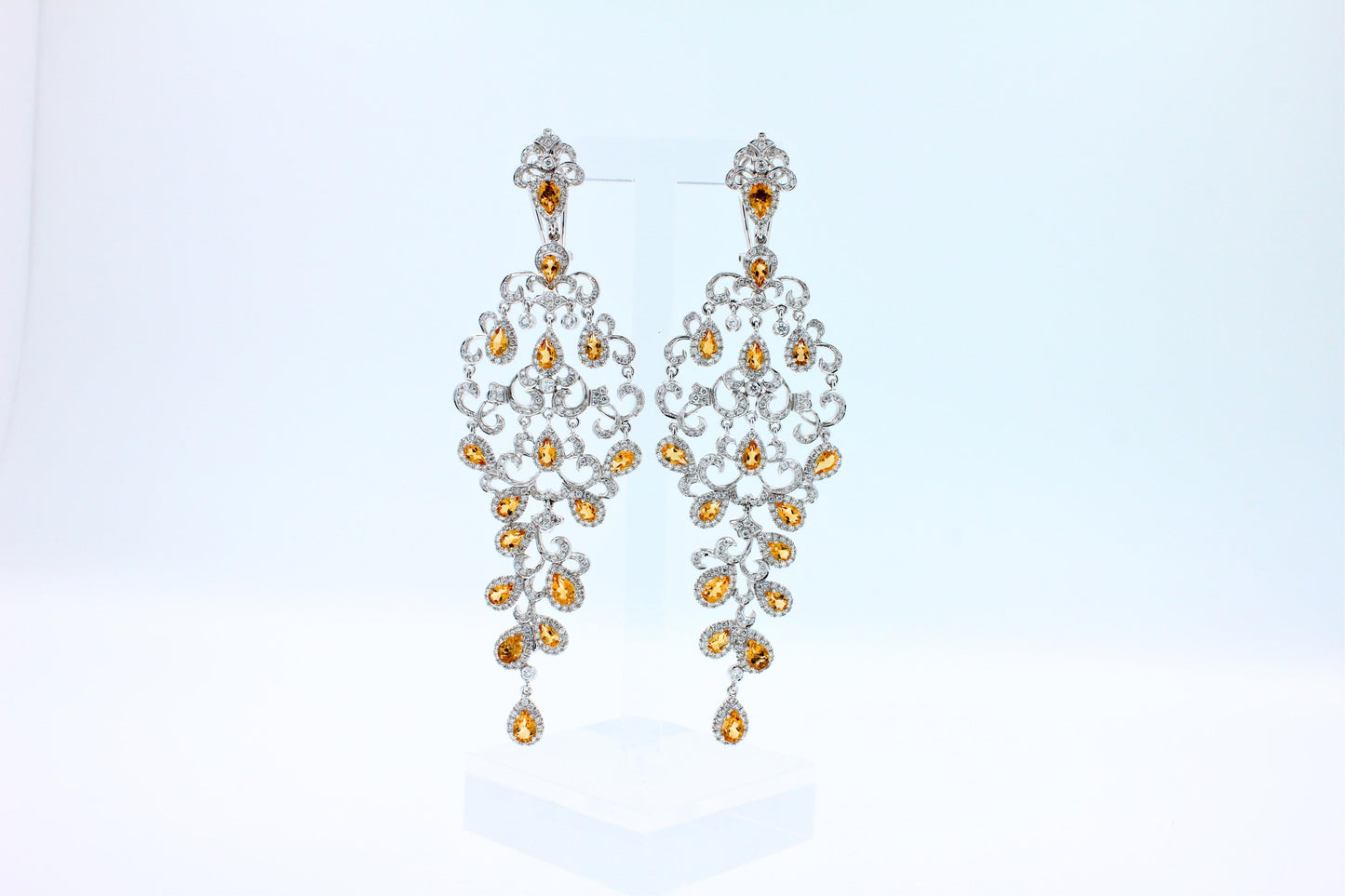 yellow sapphire ornamental diamond pave chandelier drop 18k white gold earrings
